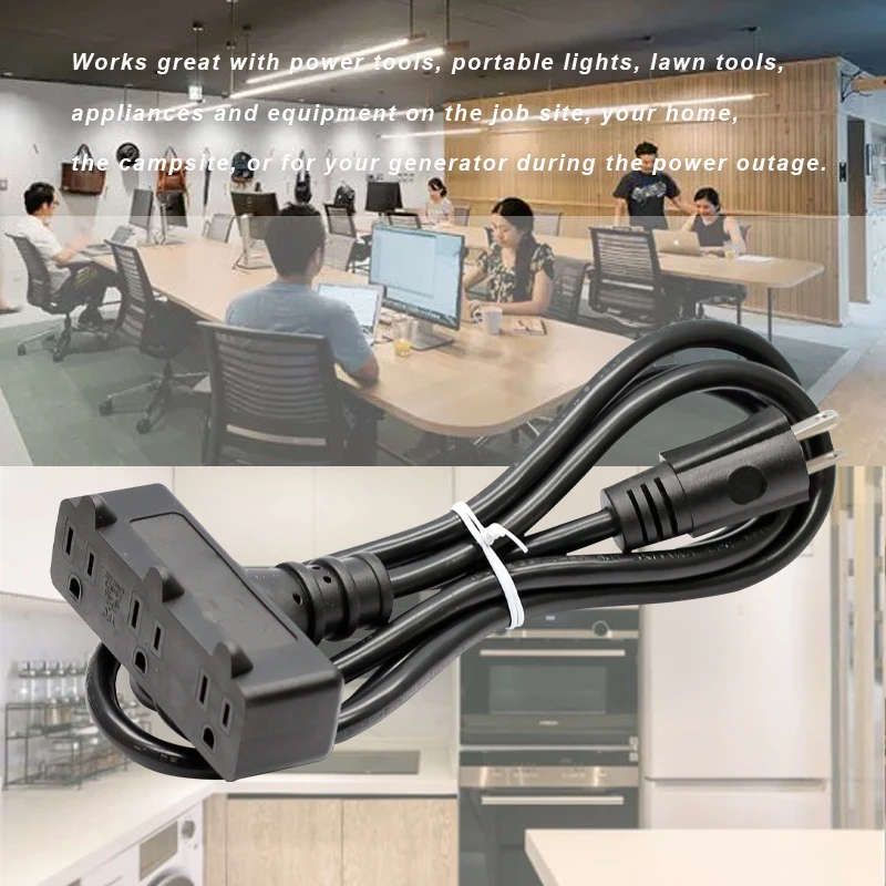 14AWG Extension Cable with 3 Prong Grounded Plug 3 Outlet 5-15R American standard Power cord