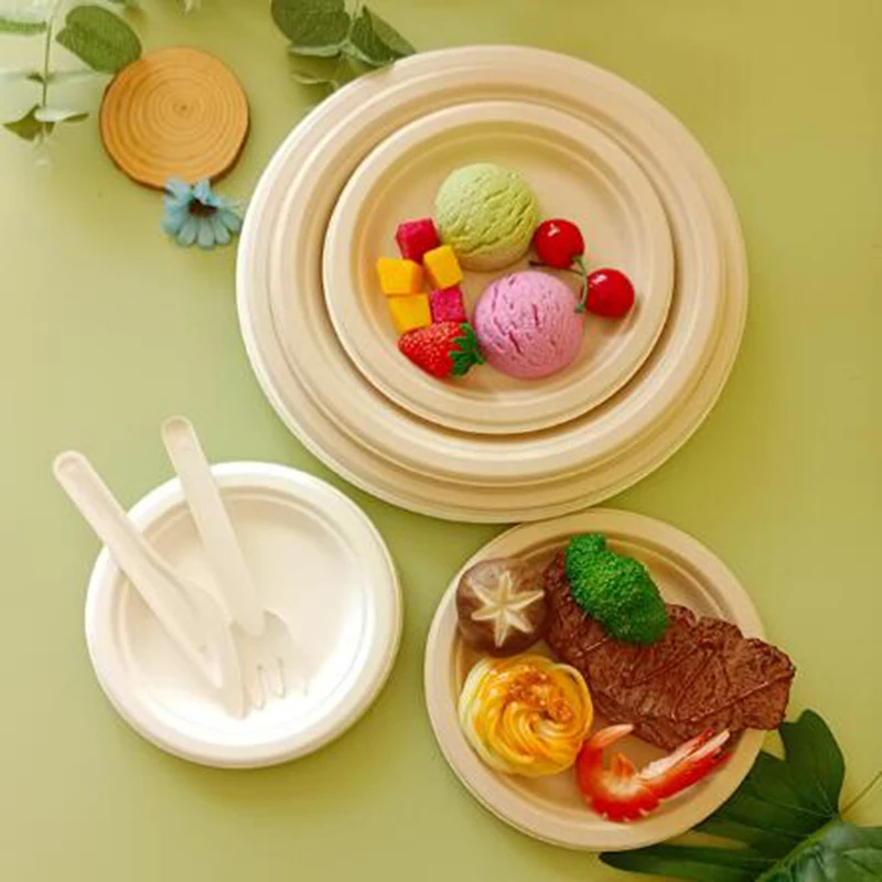 OEM ODM Eco Friendly Disposable Biodegradable Sugarcane Pulp Bagasse Sugar Cane Tableware 6 inch Food Round Plate