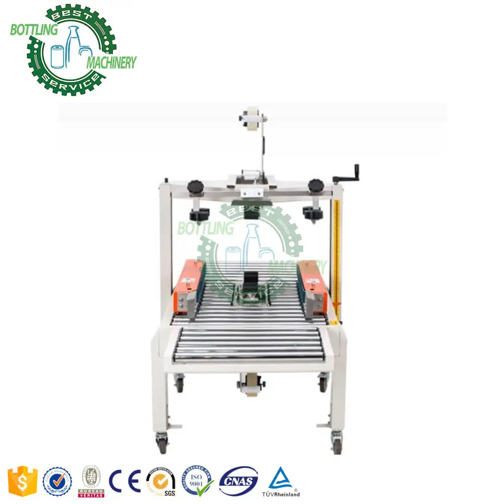 Durable automatic continuous cover blade folding width height adjustable case box carton closing machine with roller conveyor