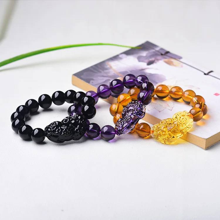 
Stone Beads Crystal Buddha Good Luck Wealth Feng Shui Black Obsidian Pixiu Bracelets for Women Men Jewelry 