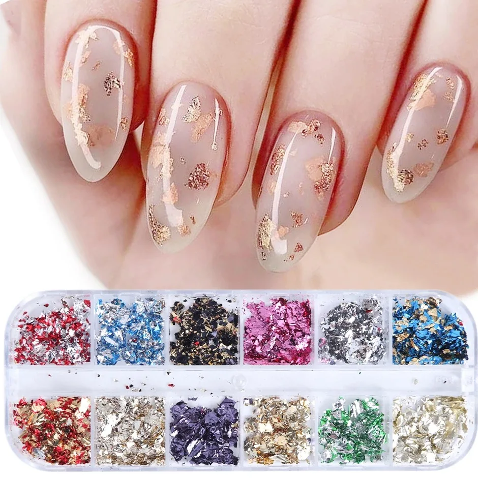 12 Grid Paillette Aluminum Irregular Gold Nail Foil Paper Sequins Pigment Nail Art Decoration Glitter Diy Nail Accessories