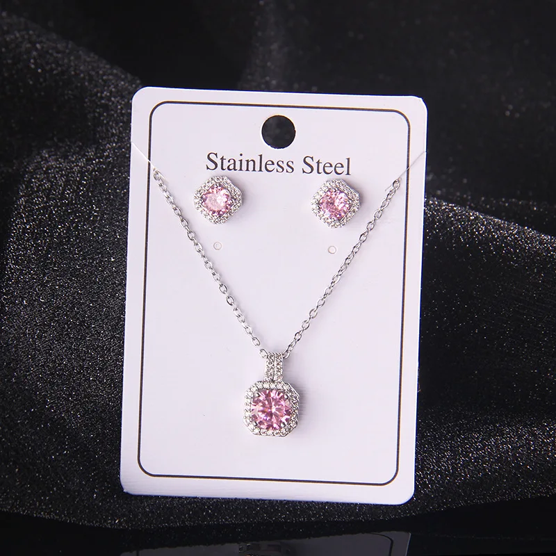 Elegant Wedding Bridal Jewelry Full Diamond 2 Pcs/Set Square Shape Shiny Crystal Pendant Necklace Earrings Jewelry Set