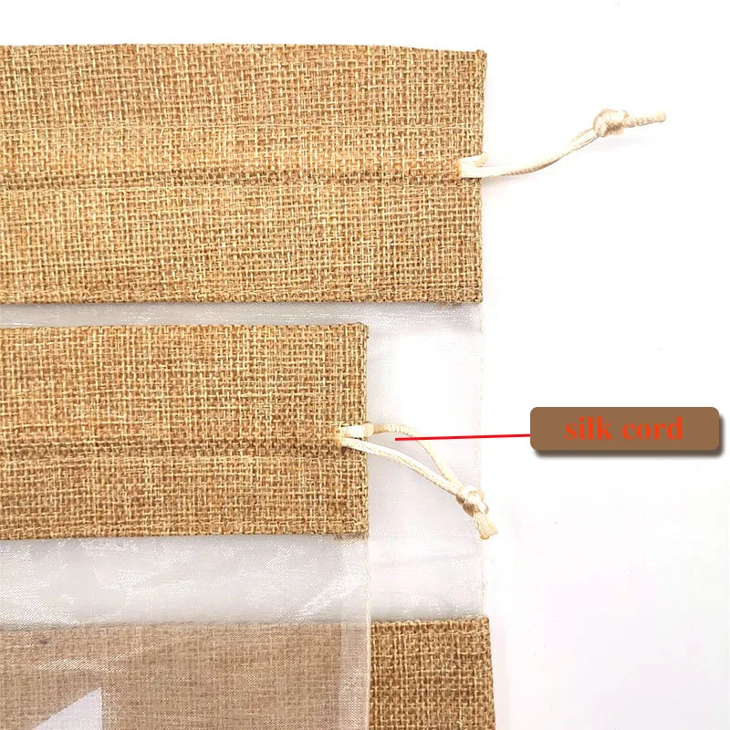 Custom Logo Jute Shopping Bags Linen Coffee Bag Jewelry Gift Pouch Burlap Drawstring Bags With Organza Window