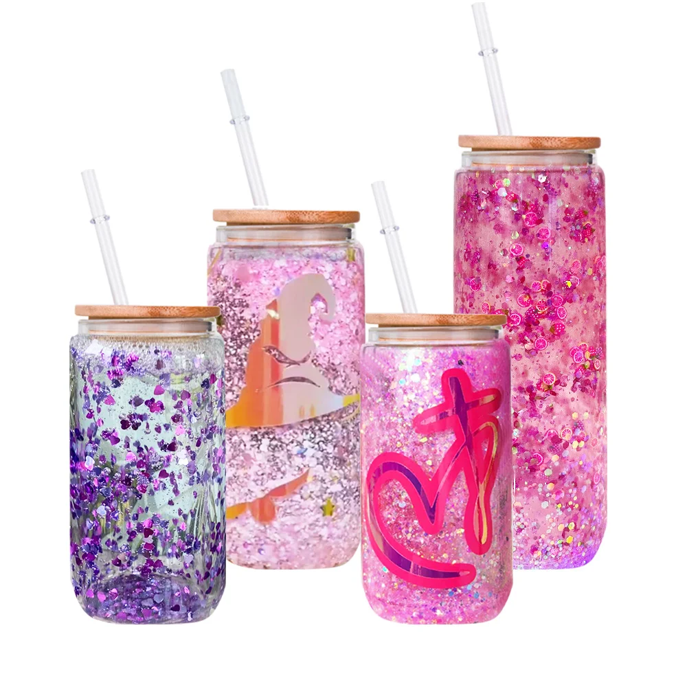 20oz skinny straight snow globe glitter double wall straight glass tumbler with bamboo lid and straw For glitter