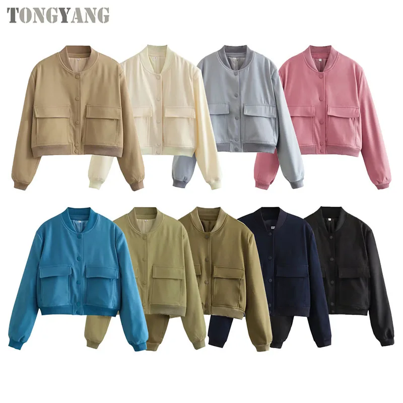 TONGYANG Women Fashion With Pockets Bomber Jacket Coats Vintage Long Sleeve Front Button Casual Female Outerwear Chic Tops