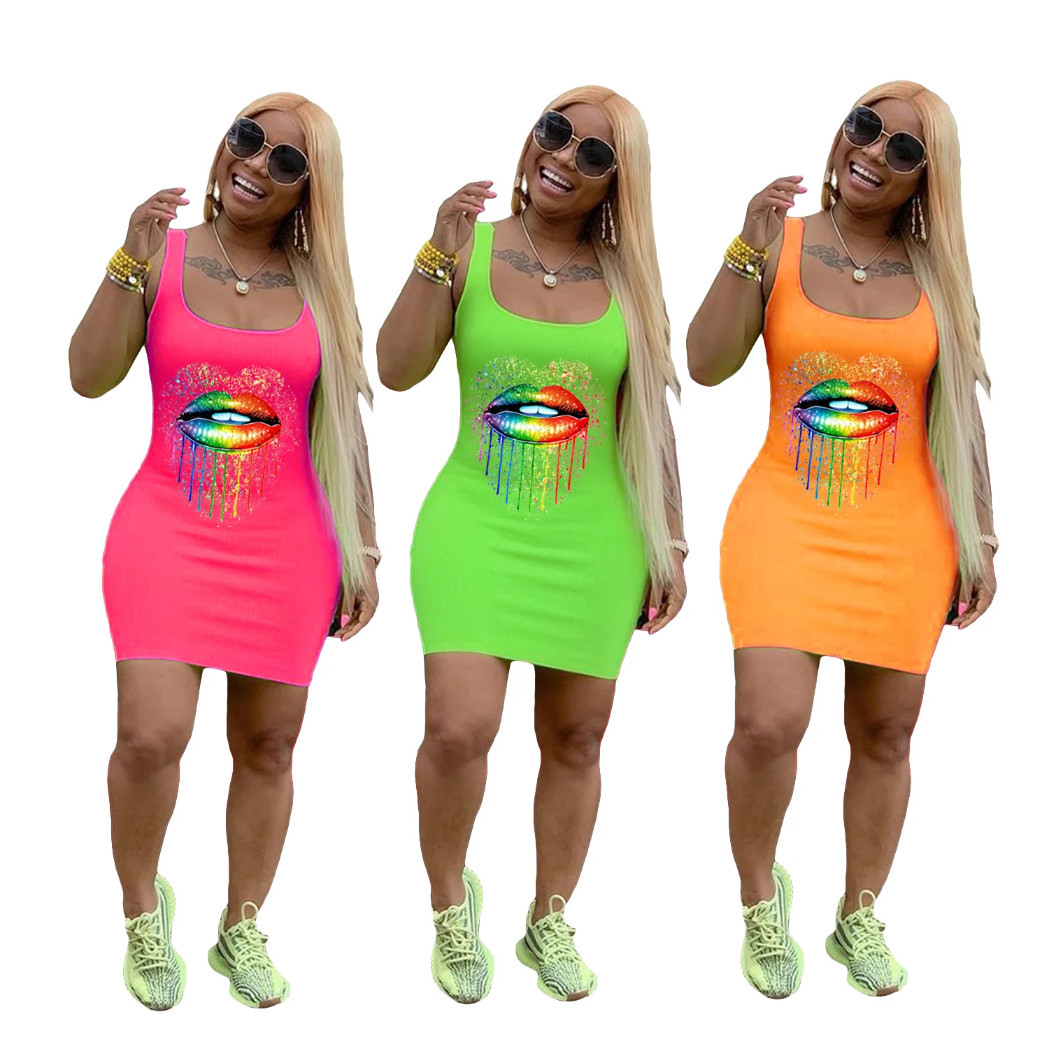 
Hot selling European and American fashion solid color lip print dress 