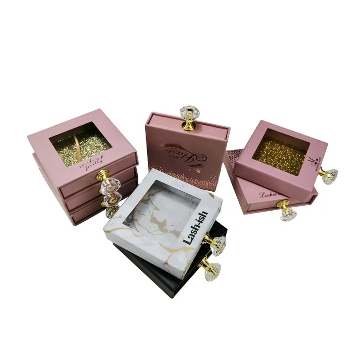 Magnetic Eyelash Jewelry Necklace Packaging Box Custom Logo Magnetic Drawer Box with Clear PVC window and Gold Metal Handle