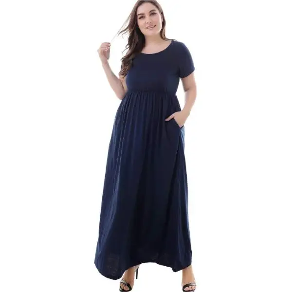 Plus Size Women Summer Sleeved Round Neck Pullover Buttery Soft Floaty Layered Maxi High Waistline Swing Dress With Pockets