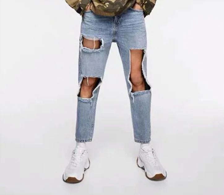 Fashion brands street wear crazy mens big hole ripped torn denim jeans mens