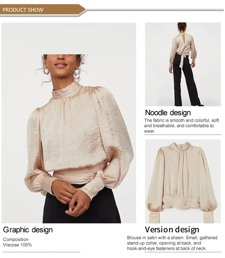 Polyester Satin Blouse Tops Shirts Long Sleeves Loose Women Custom Light Beige Latest Blouse Styles for Women Plain Dyed Adults
