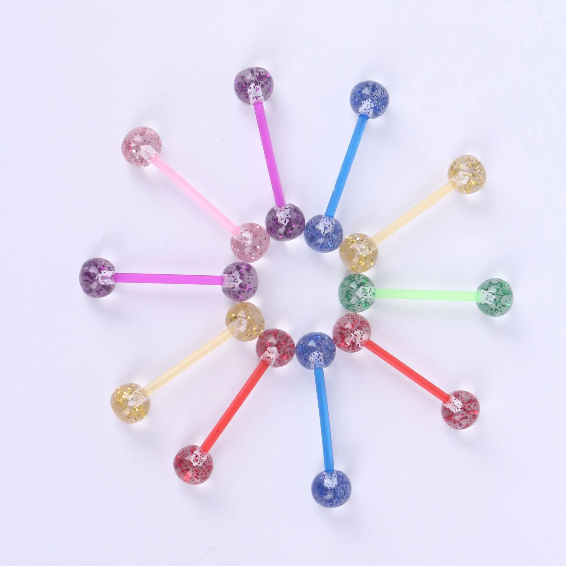 
12 pcs/bag mixed color style 1.6*19* 6mm straight barbell tongue perforated acrylic body jewelry Tragus pacifier ring 
