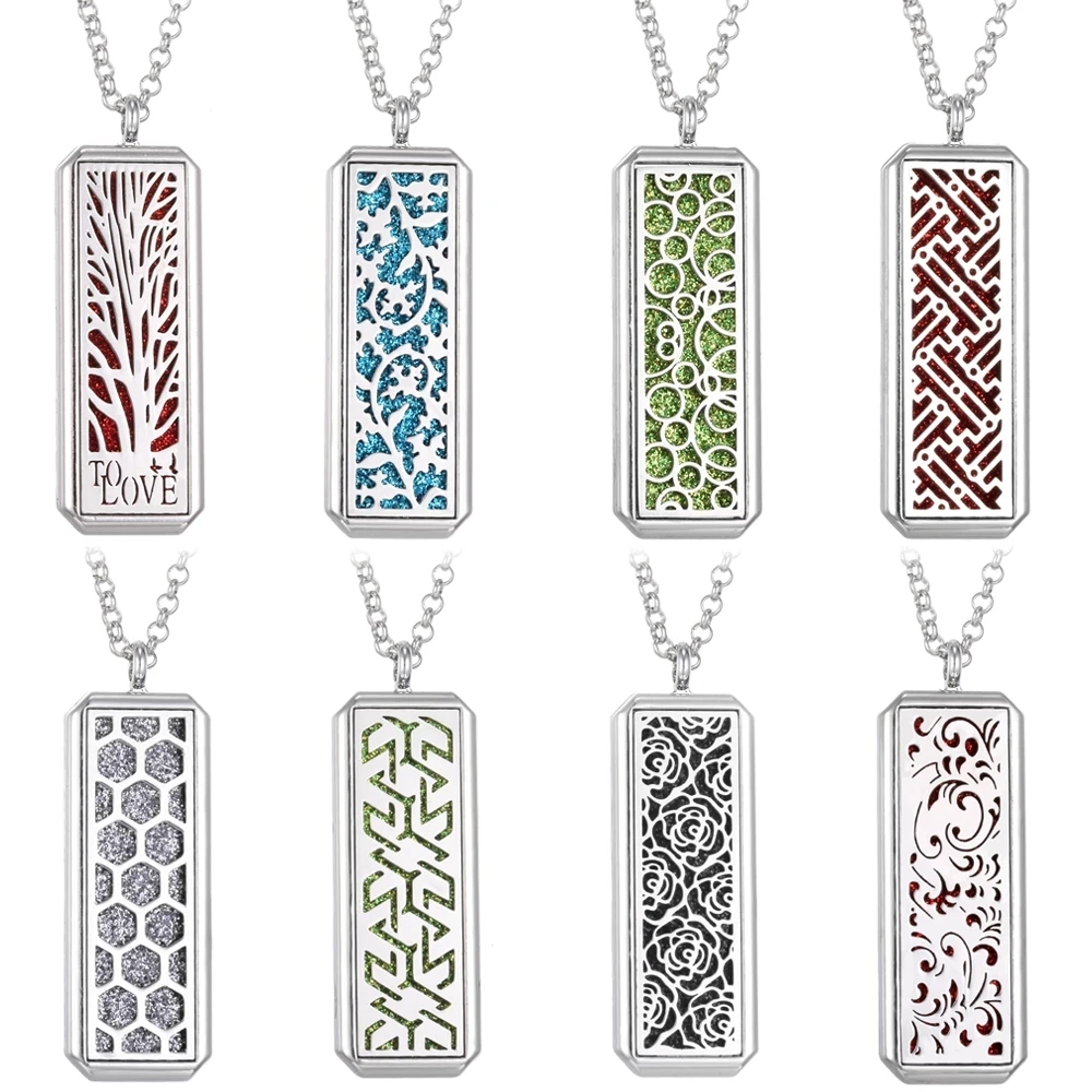 Aromatherapy Necklace Diffuser Jewelry Rectangle Stainless Steel Magnetic Locket Pendant Essential Oil Diffuser Perfume Necklace
