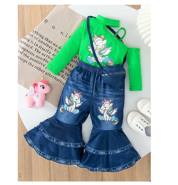 New arrival baby girls cartoon unicorn printed long sleeve t-shirt + flared denim jeans pants + heart purse 3pieces clothing set