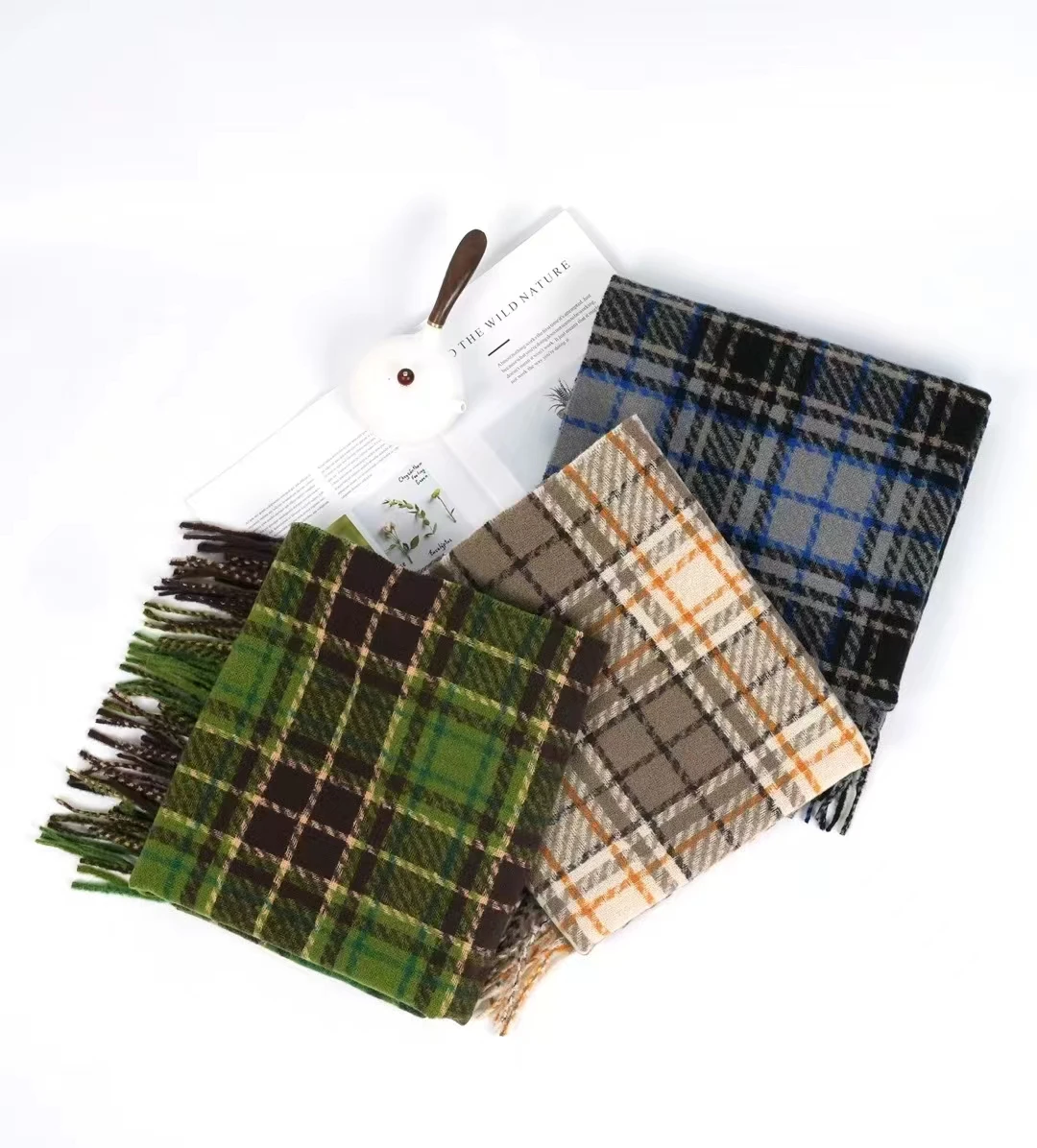 New Design 100% Classic Plaid Cashmere Wool Scarf Blue Yellow pashmina in Forest Red Luxury Merino Pashmina Scarf