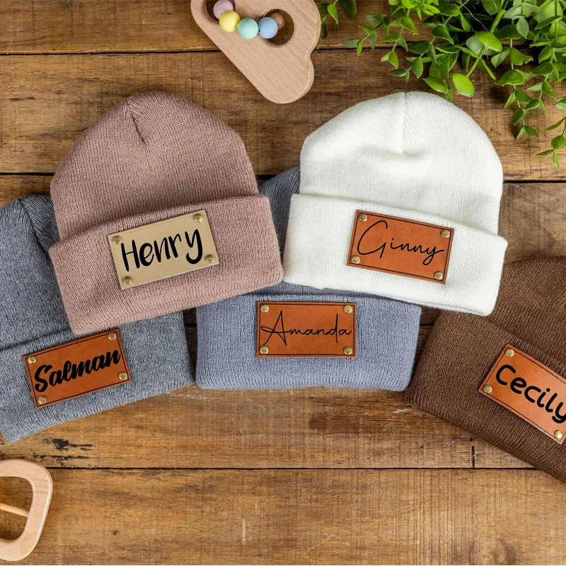 Personalized Leather Patch Beanies Name Baby skullies Knit Custom Hat Engraved ski cap Gift for Kids Infant Toddler
