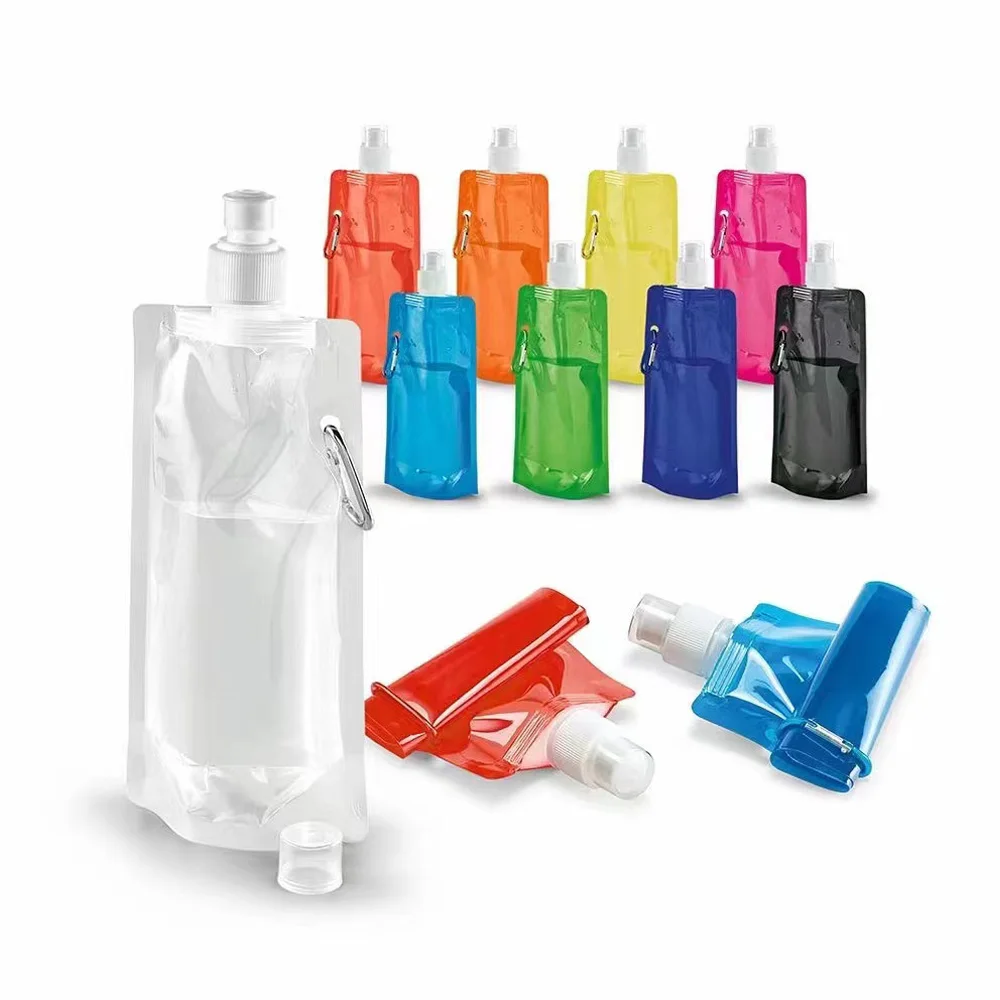 Ready to Ship Outdoor Travel Camping Foldable 500ml Water Bottle Bag with Carabiner Hook for Juice Drink Mineral Water