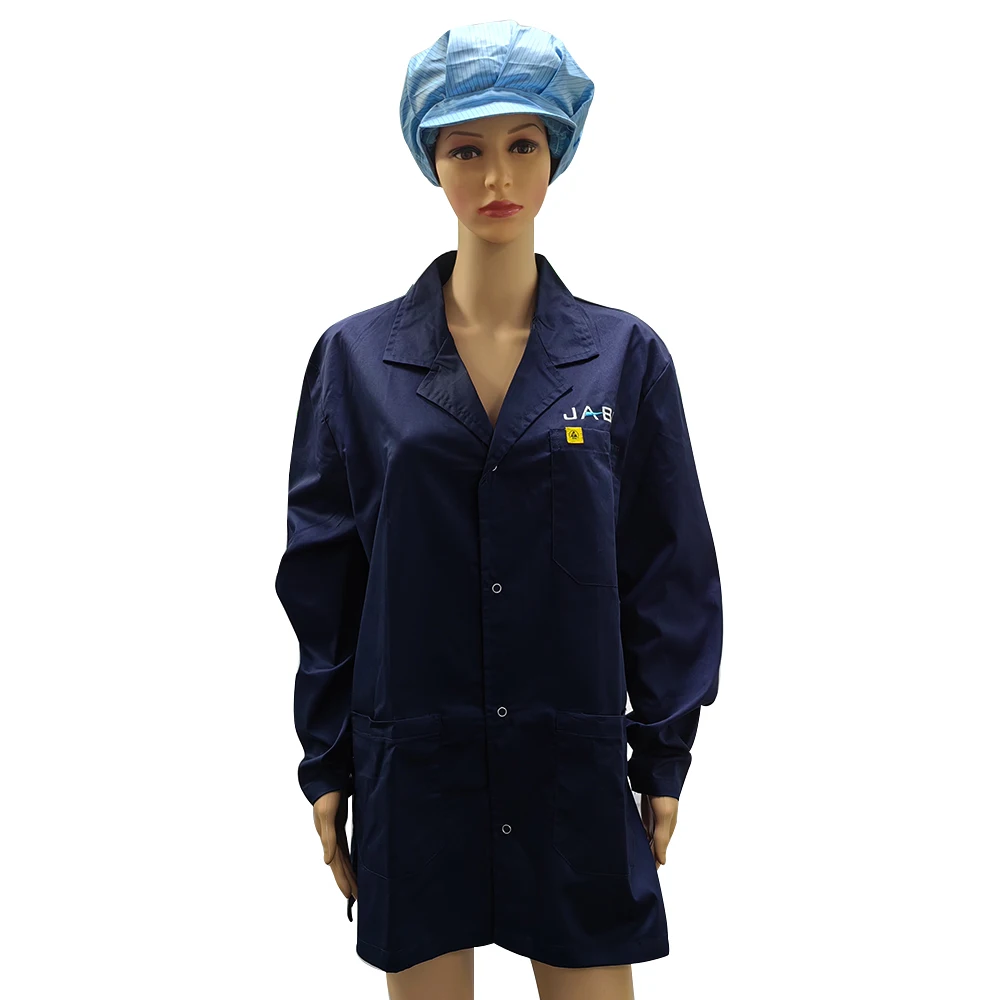 Custom Embroidery Dark Blue Lab Dustproof ESD Antistatic Polyester Cotton Coat