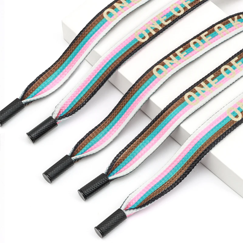 Popular Custom 20mm  Thermal Transfer Rainbow Hoodie String  Flat Hoodie String Cord with Black Metal Aglet