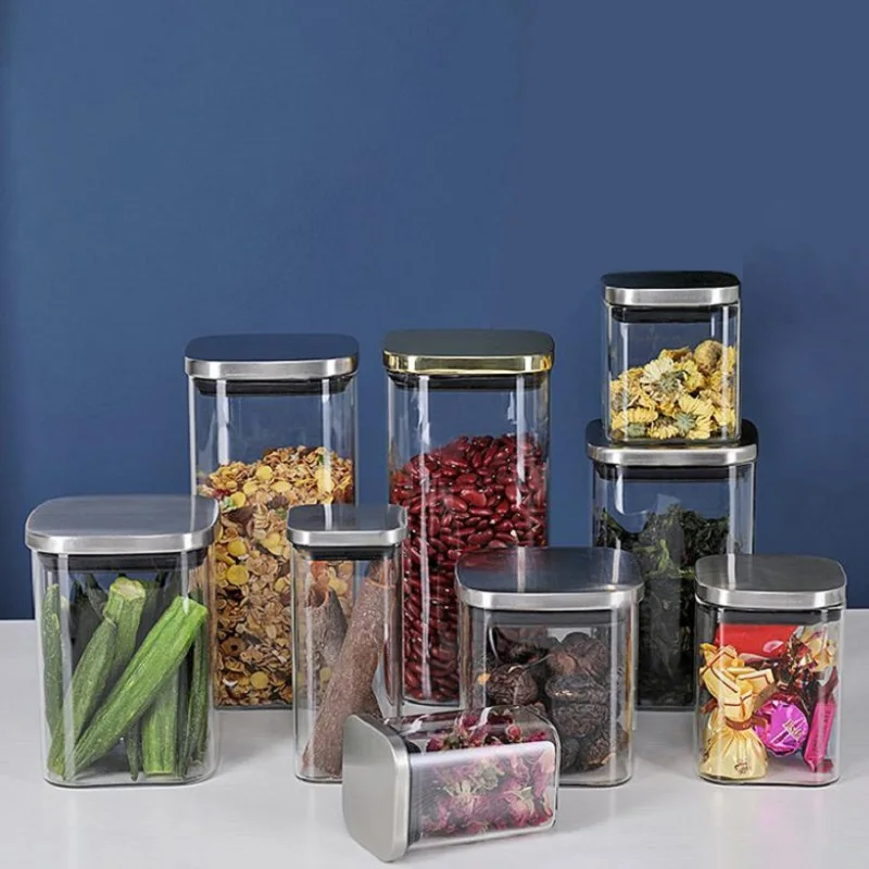 
D60 400ml High borosilicate square glass jar food storage bottles with stainless steel lid 