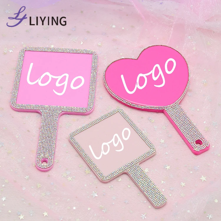 Free Custom Logo Mirror Bling Rhinestone Square Make Up Lash Hand Mirror For Cosmetics