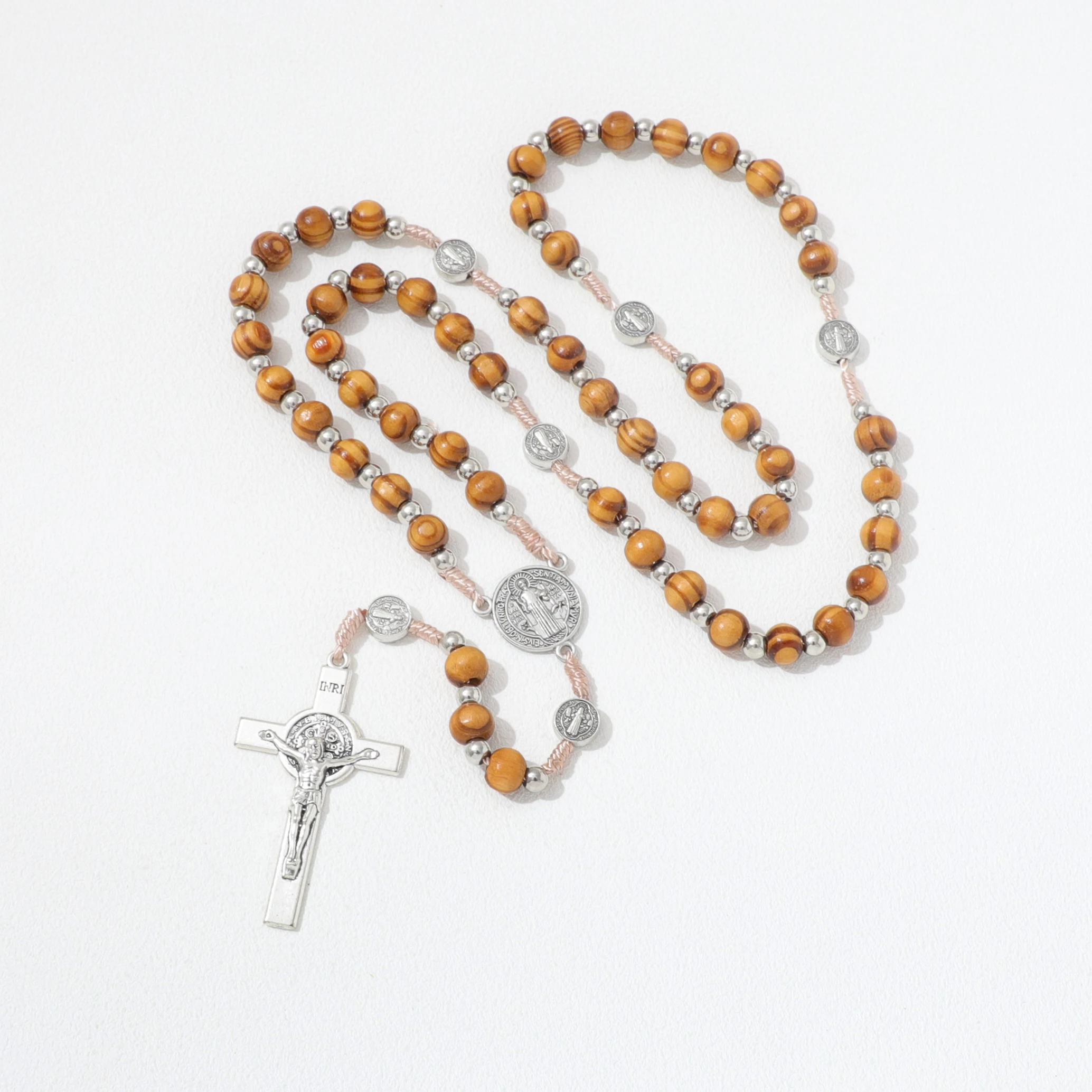 2024  Wooden Rosary Necklaces High Quality Good Wood Beads Rosary Necklace Cross Pendants Christ Jesus Religious Pray Jewelry