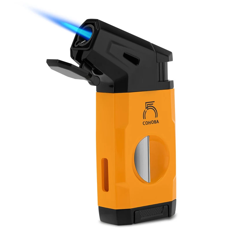 Multi-Function 2-in-1 Windproof Torch Lighter V-Cutter Metal Blue Gun Jet Logo Refillable Butane Gas Yellow Cigar Lighter