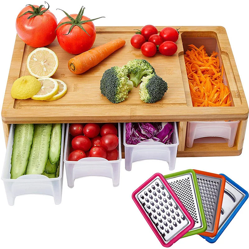 Multi-functional Bamboo Cutting Board With 4 Container Tray Kitchen Wooden Chopping Board With Storage Box