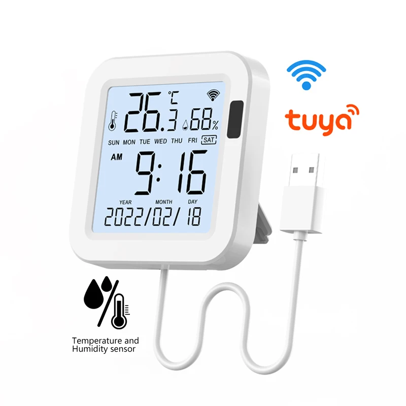 USB Power Tuya WiFi Temperature and Humidity Sensor with Infrared Sensing Backlight and LCD Screen Display Via Alexa Google Home