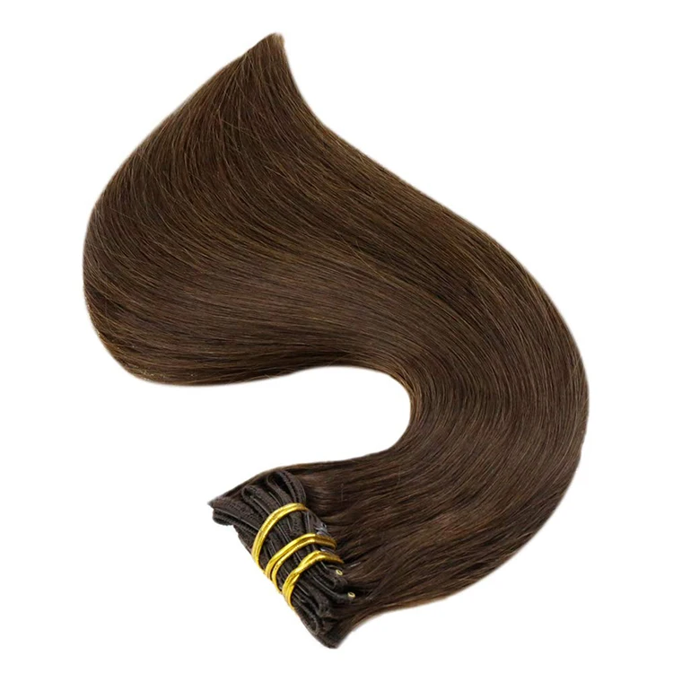 Full Shine Factory Direct Sales #4 Dark Brown Real Human Hair Extension Clip on Brazilian Remy Hair