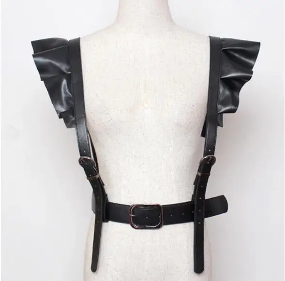 Черные широкие подтяжки из искусственной кожи с кружевом и листьями лотоса с двумя плечами для мужчин и женщин