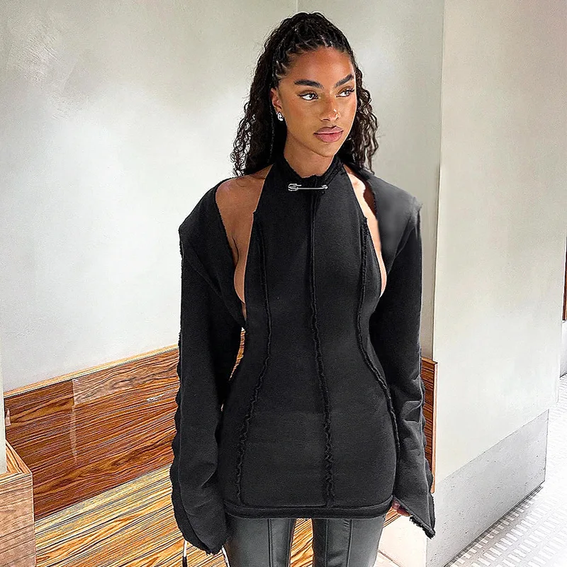 Chic Pin Women 2piece Set Three-dimensional Striped Bandage Dress+full Sleeve Outer Layer Y2k Fashion Streetwear Suit