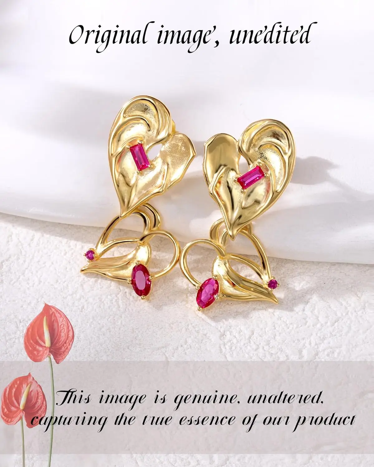 Gold Heart Anthurium-Flower Earrings 925 Sterling Silver Trendy Gold statement Earrings for Women