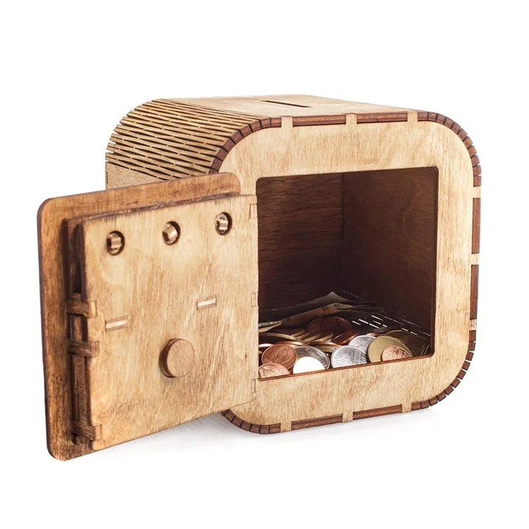 Brown Kids Savings Lock Money Box Wooden Piggy Bank With Combo