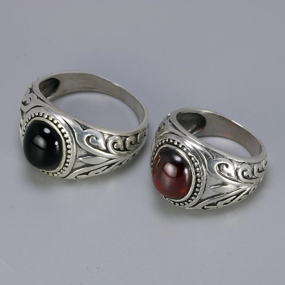 925 Sterling Silver Engraved Flowers Black Onyx Turkish Men Rings Red Garnet Stone Ring Designs For Silver Men Jewelry