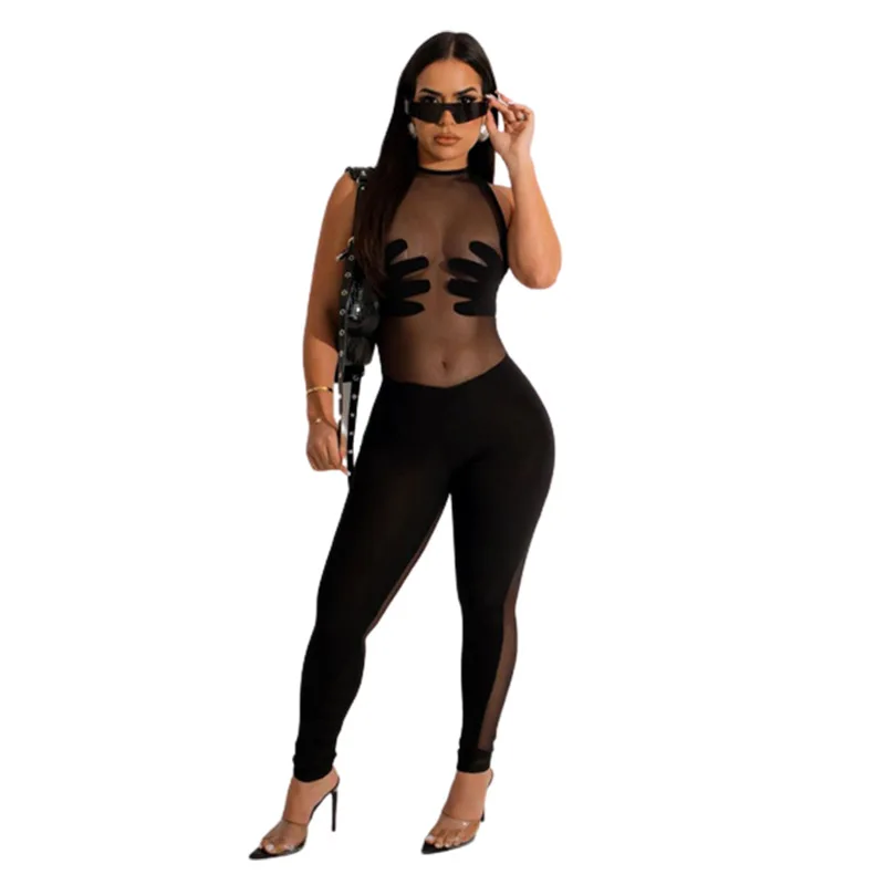 New Trendy Sexy Transparent Mesh Patchwork Women Bodysuit Jumpsuit Summer Sleeveless Slim Club Mesh Jumpsuit