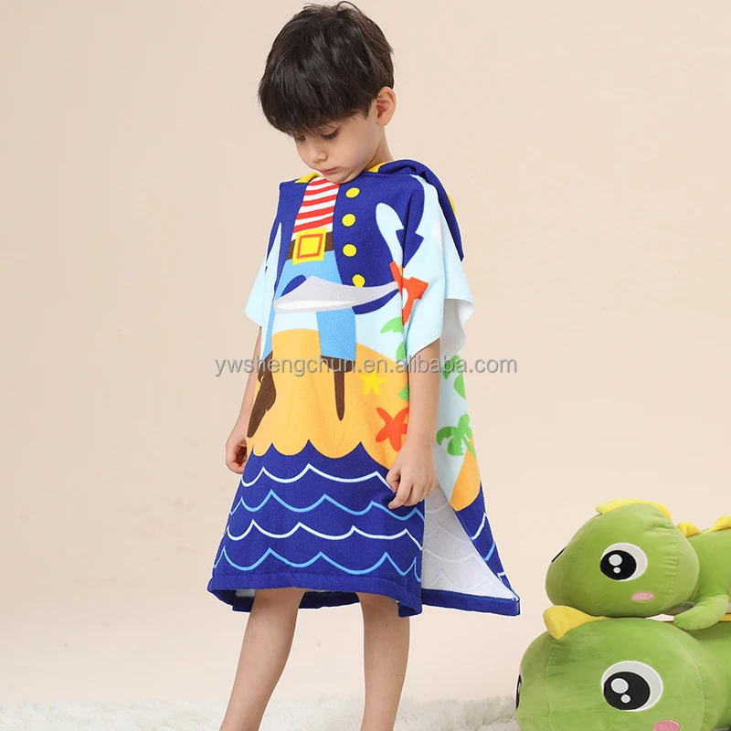 Wearable Pirate Printed Summer Children Poncho Microfiber Custom Hooded Kids Beach Towels