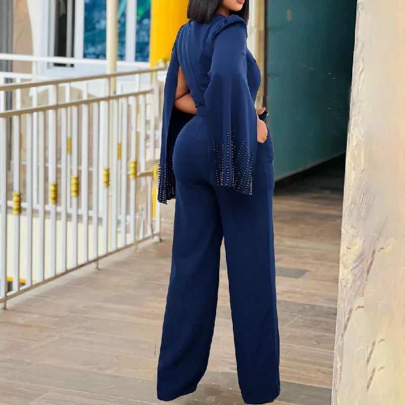 Latest Design Solid Color Plus Size Jumpsuits Elegant Beaded Cloak Wide Leg Jumpsuit With Belt