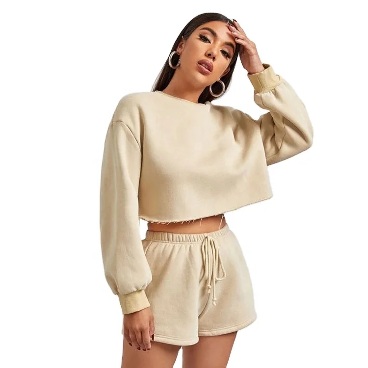Модный женский облегающий комплект, Новое поступление 2021, модные женские свободные французские махровые шорты и рубашка, Женский комплект из свитшота
