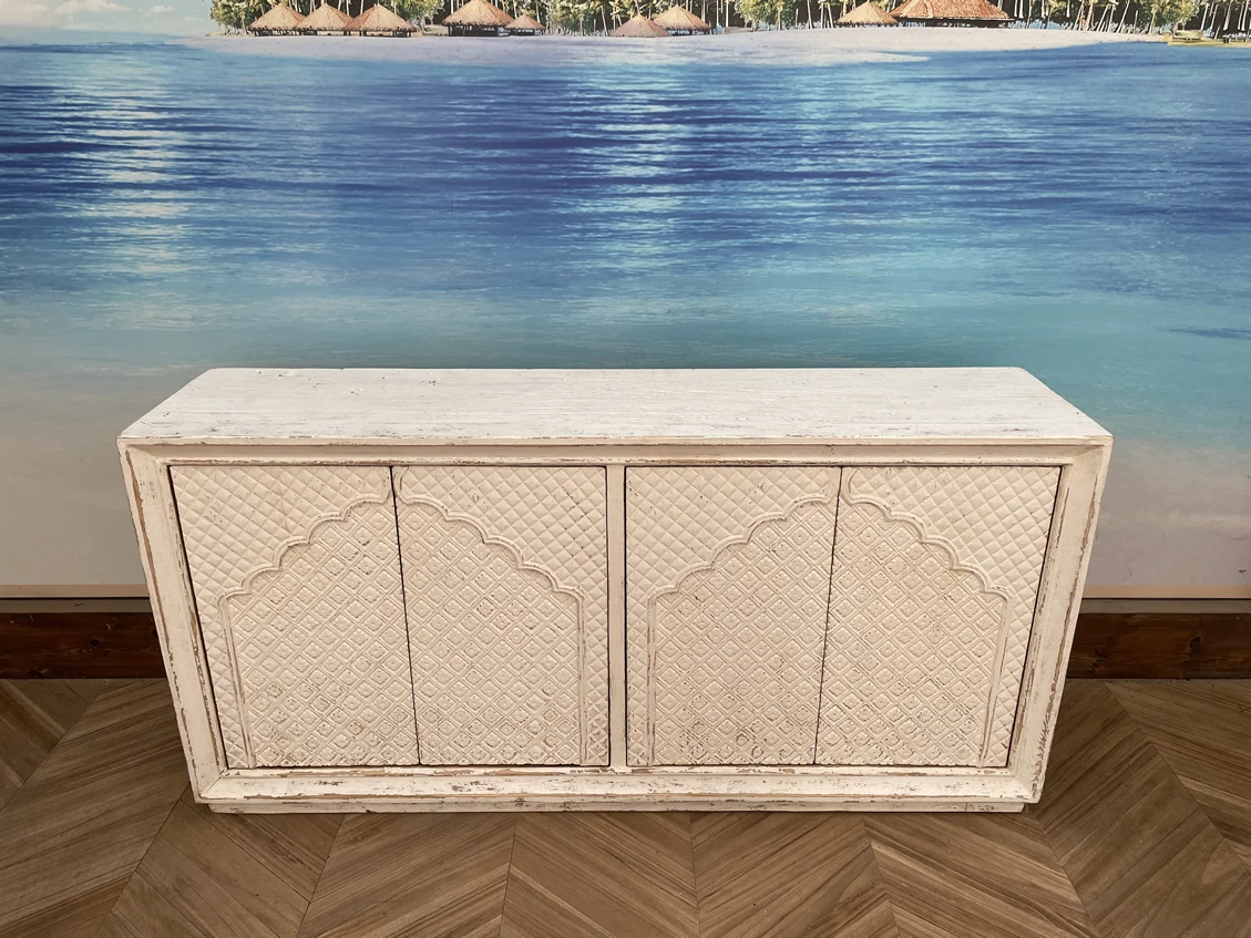 Chinese Antique Handcrafted Wooden Sideboard Rustic Carving White Wash Buffet Living Room Distressed Shabby Chic Cabinet