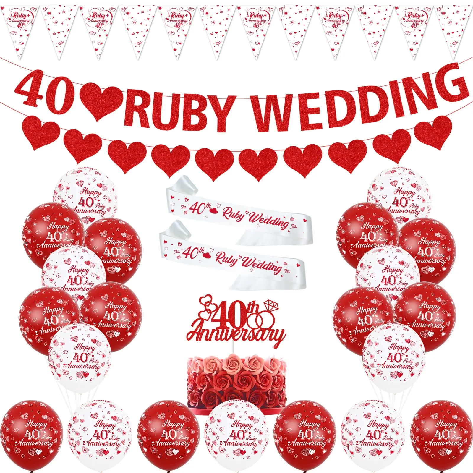 Ruby 40th Anniversary Balloons Bunting Red Heart Rings Cake Topper Satin Sash for 40th Couple Anniversary Party Supplies