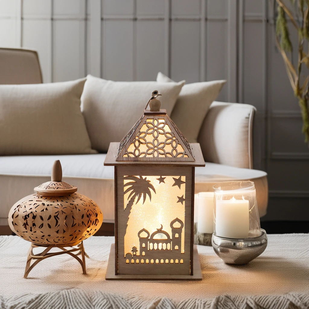 Islamic Decorations & Gifts Wooden Eid Lantern Kids Hanging Light for Ramadan & Eid Mubarak Home Decor Religious Style