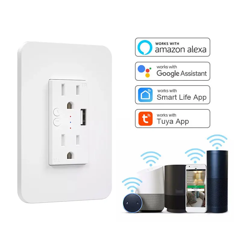 White Plastic Smart Wifi US Standard 15A USB Plug Port Charger Power Outlet Wall Socket