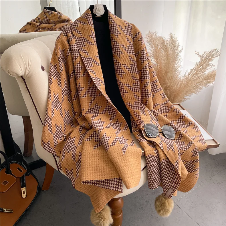 2022 Korean Winter Girls Ladies Scarves With Faux Fur Pom Pom Warm Pashmina Wraps Double Sided Cashmere Shawls Scarf