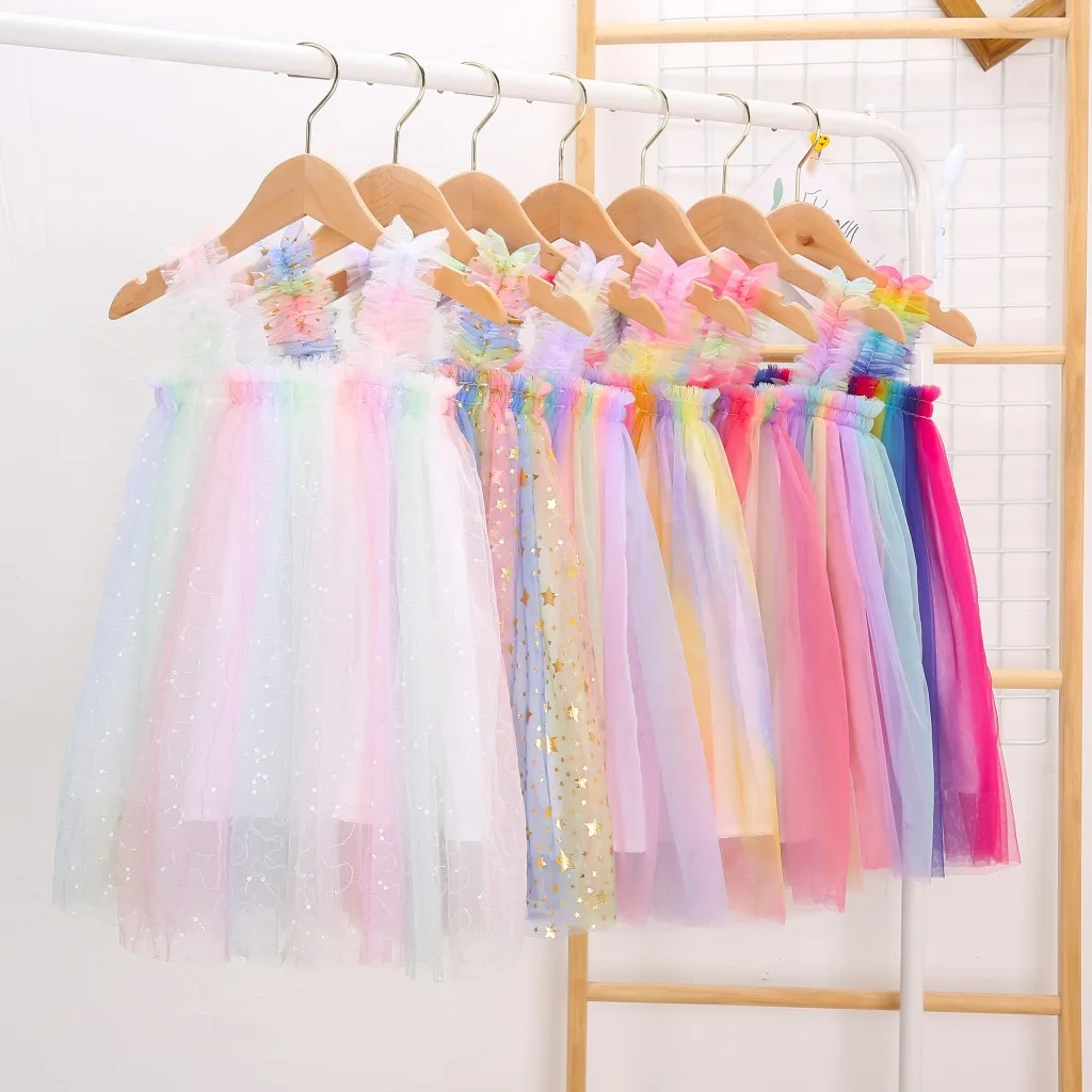 summer wholesale infant baby girls dresses princess dress tutu tulle rainbow fashion outfit kids clothing dg063