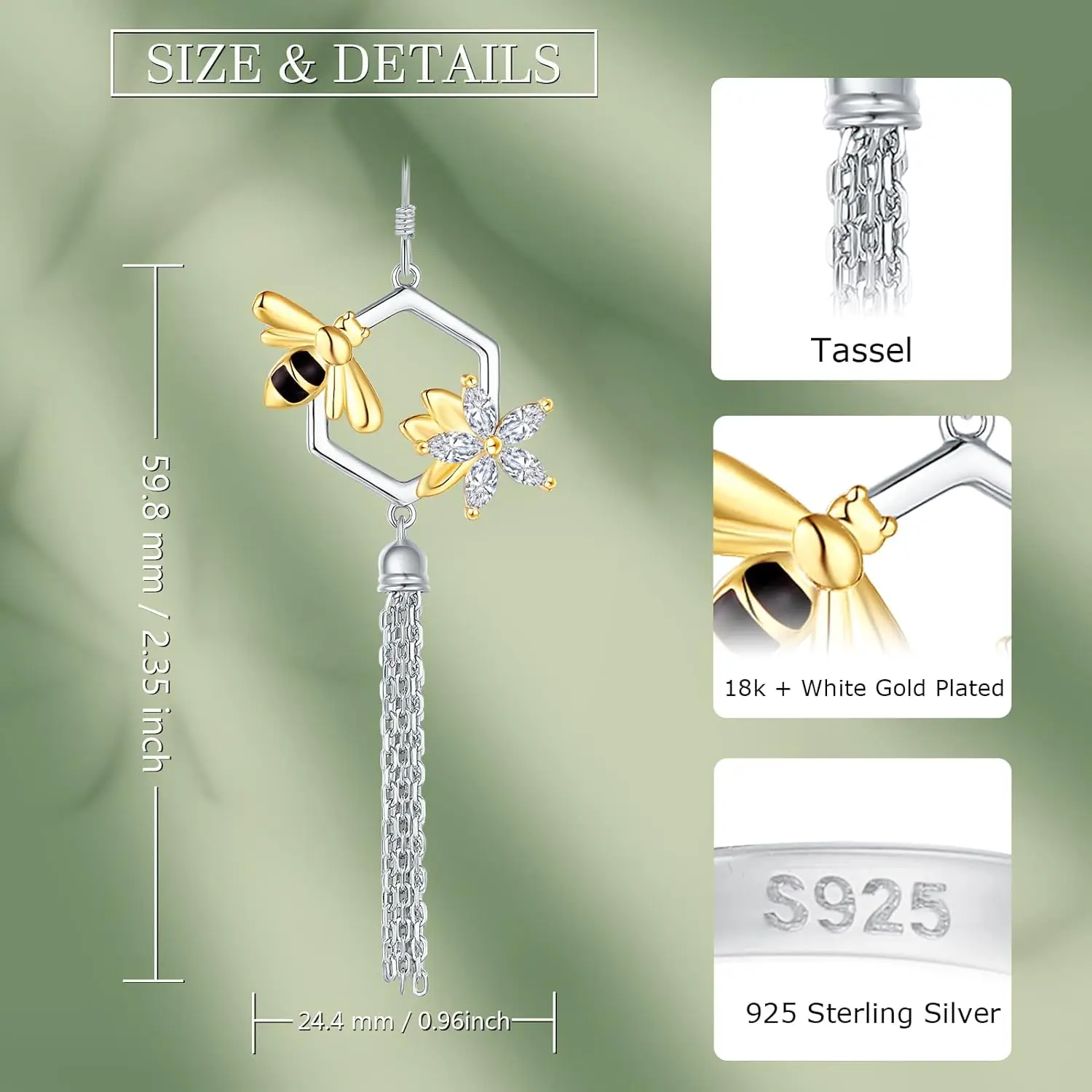 Silver Honeycomb Bee Tassel Earrings 925 Sterling Silver Bumble Bee Tassel Earrings Jewelry for Women