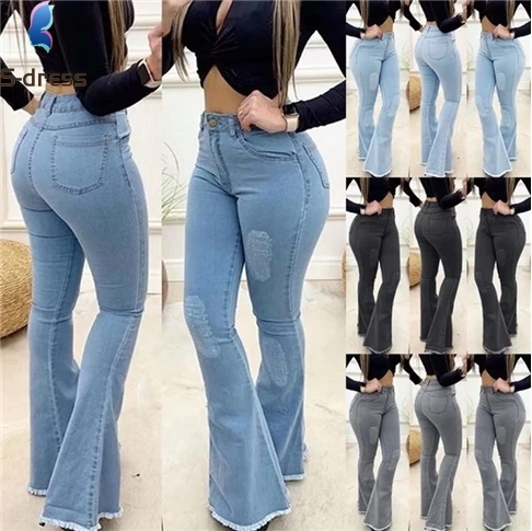 
Women High Waist Denim Jeans Solid Slim Flare Pants Ladies Skinny Full Length Jean Plus Size S-3XL 
