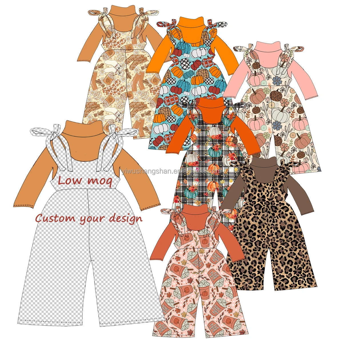 Autumn Kids Two Piece Girls Clothing Set Solid Shirts with Pumpkin Custom Print Baby Lace Up Wide leg Overalls Outfits