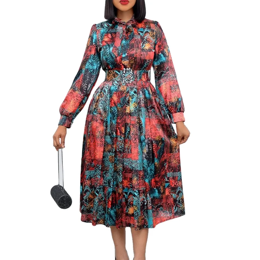 2024 Spring Casual Dresses Long-Sleeved High-Waist Printed Banquet Dress Large Size for Women