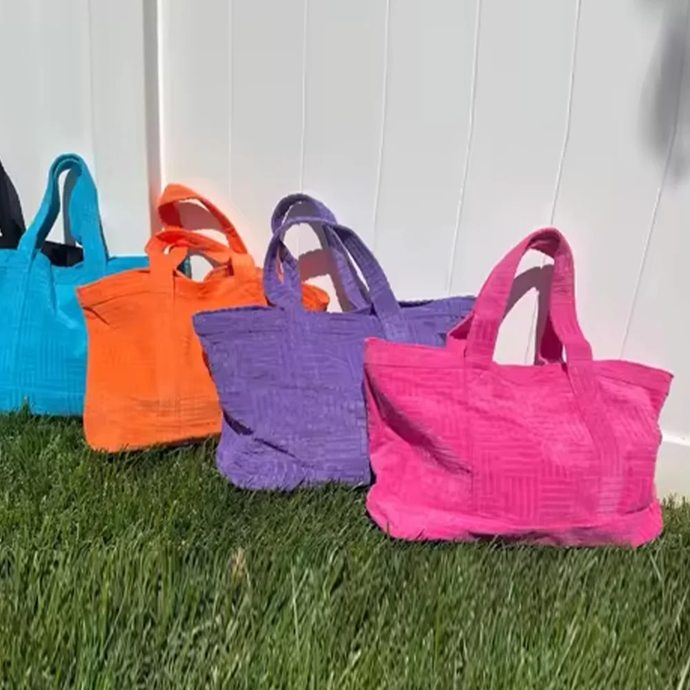 Personalized Monogram Travel Terry Bag Woman Tote Beach Custom Large Plaid Tote Bag