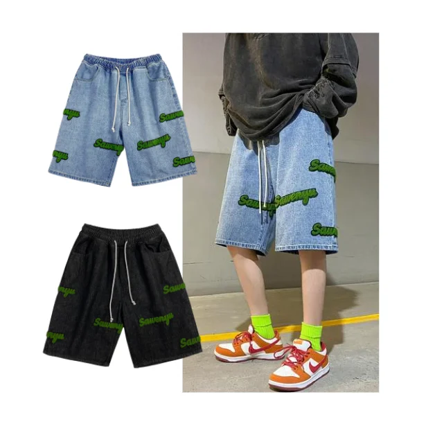 High Quality Fashion Summer Skinny Embroidery Half Pants Skinny Jeans Men Denim Short